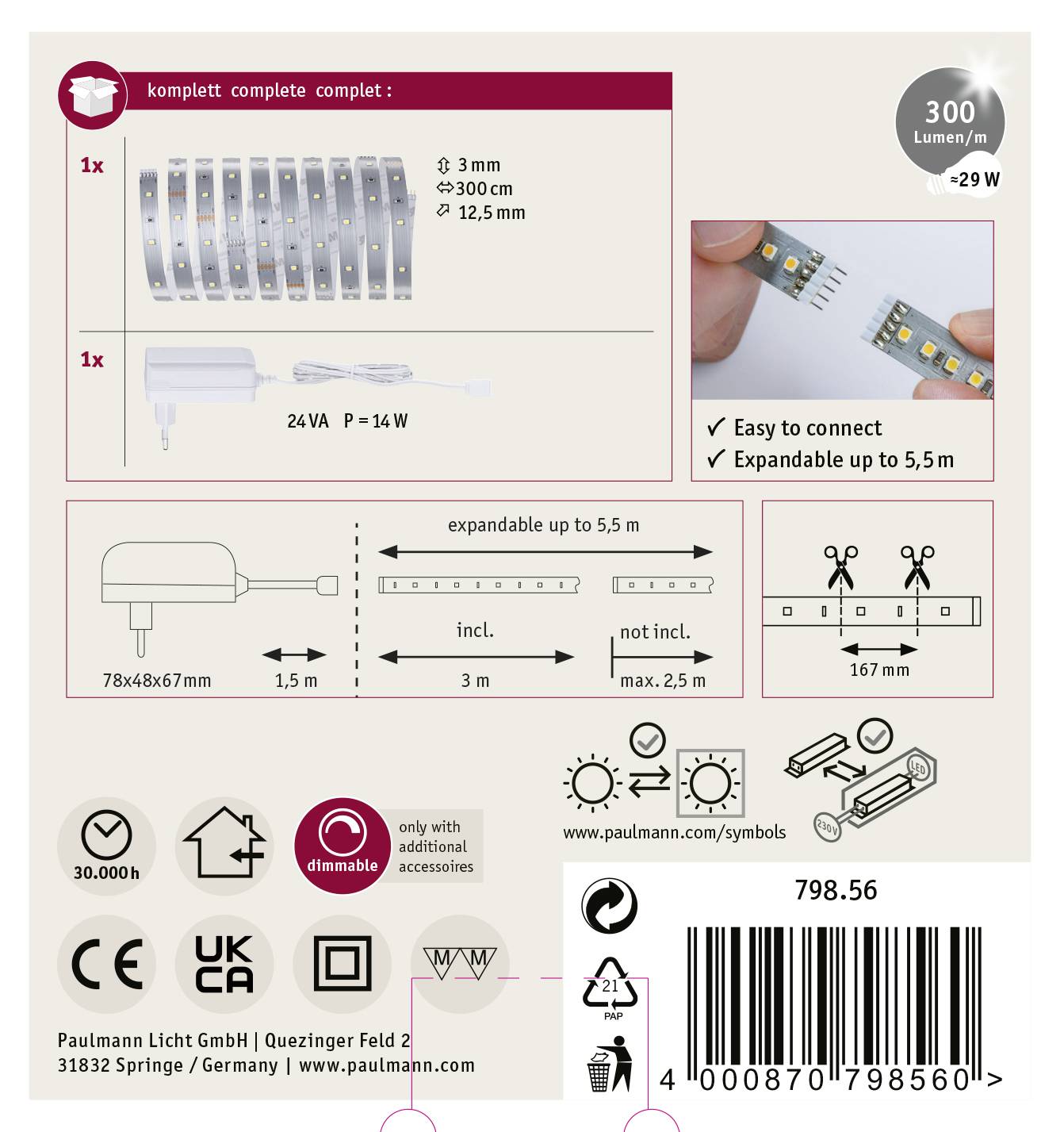 LED-Lichtset mit Steckverbindern, geeignet für Längen bis 5,5 m. Enthält Transformator, Energieeffizienz 300 Lumen/Watt, dimmbar, einfache Montage.