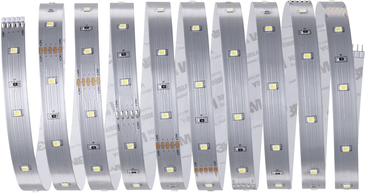 Mehrere LED-Streifen mit gleichmäßigen Abständen, die kleine, regelmäßig platzierte Leuchtdioden aufweisen.