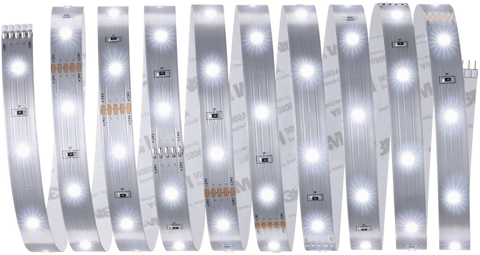 Leuchtende LED-Streifen in Reihe angeordnet, auf weißem Hintergrund. Streifen zeigen gleichmäßig verteilte Lichtpunkte.