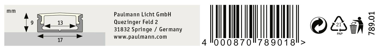 Etikett einer Paulmann Licht GmbH Glühlampe mit Barcode, Abmessungen der Lampe (13 mm x 17 mm), Recycling-Symbol, Website, Adresse.