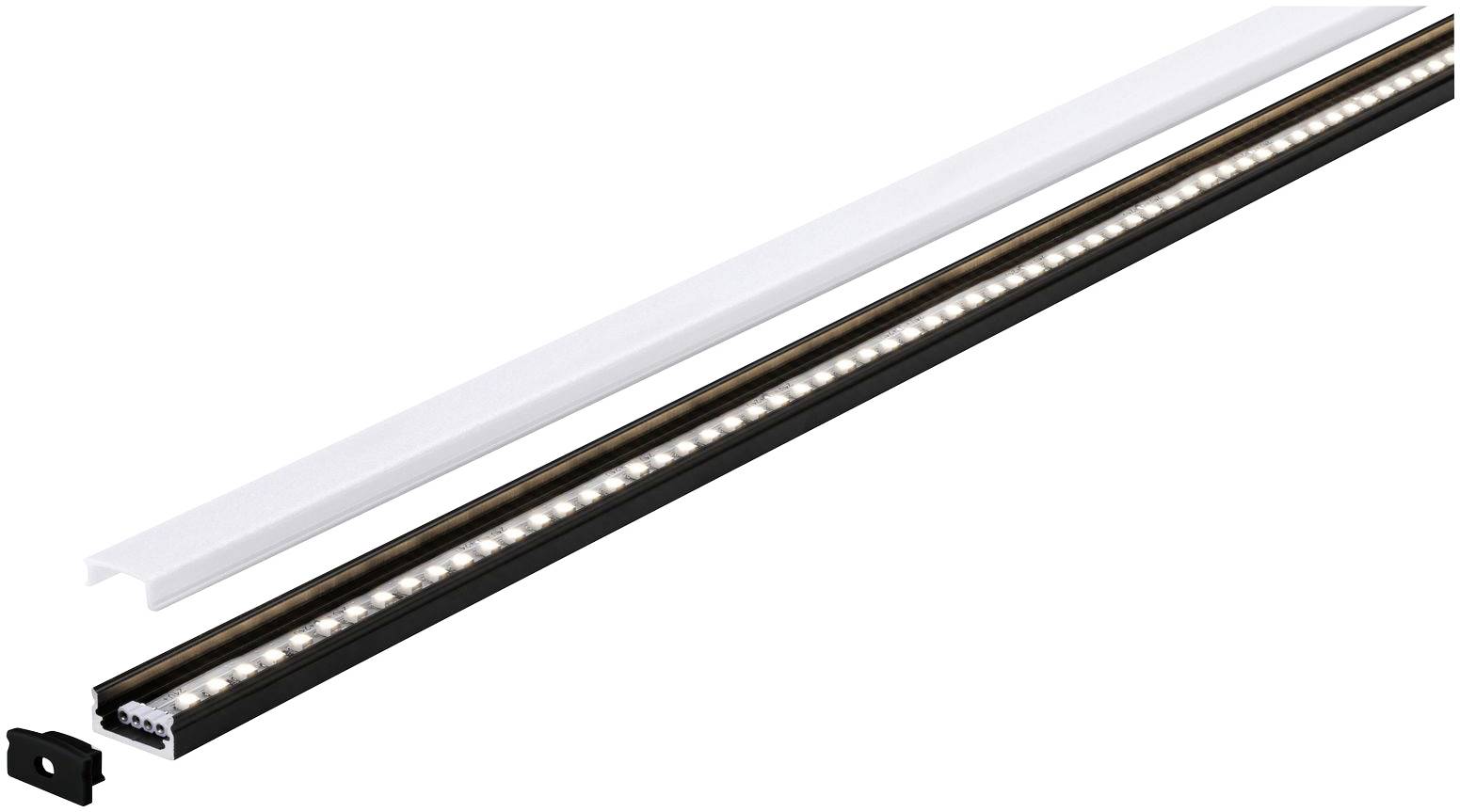 LED-Lichtleiste mit schwarzem Gehäuse und abnehmbarem weißen Abdeckungselement, geeignet für moderne indirekte Beleuchtung.