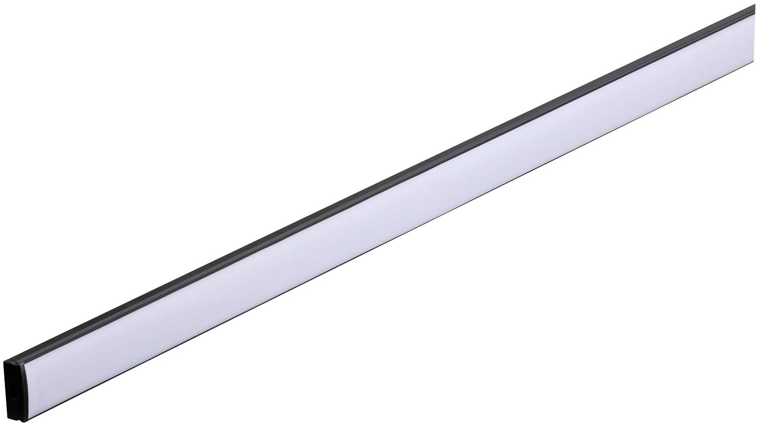 Langes, schmales LED-Lichtprofil mit schwarzem Rand und weißer leuchtender Fläche, geeignet für moderne Beleuchtungslösungen.