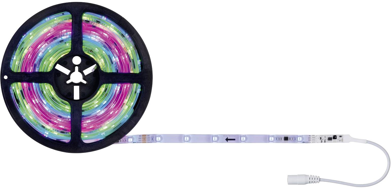 Eine Rolle mit LED-Lichtstreifen in verschiedenen Farben, mit einem Anschlusskabel.