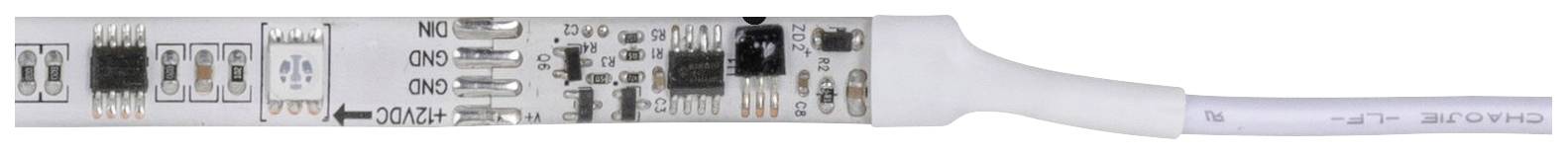 LED-Lichtleiste mit komplexen Schaltkreisen und mehreren leuchtenden Dioden, Ansicht auf weiße Basis und Kabelverbindung.