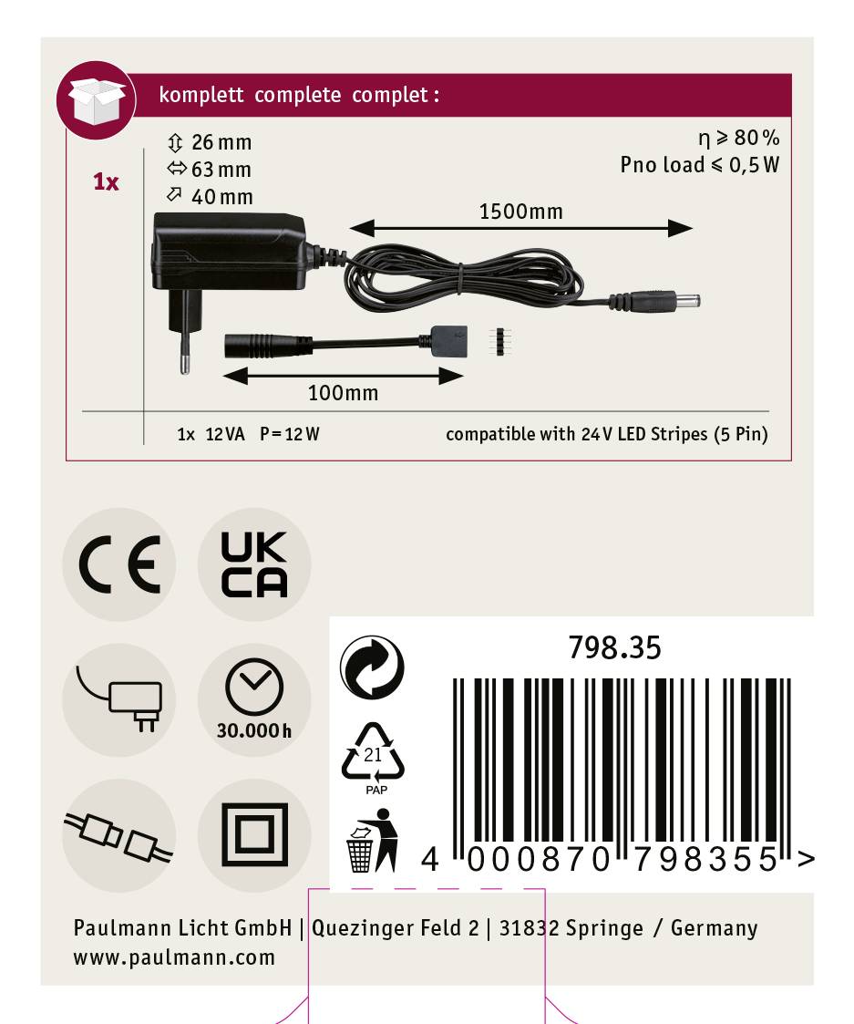 LED-Transformator, 12V, 12W, 1500mm Kabel, kompatibel mit 24V LED-Streifen (5 Pin). Maße: 26x63x40mm. Effizienz ≥ 80%. Pno unter 0,5W.