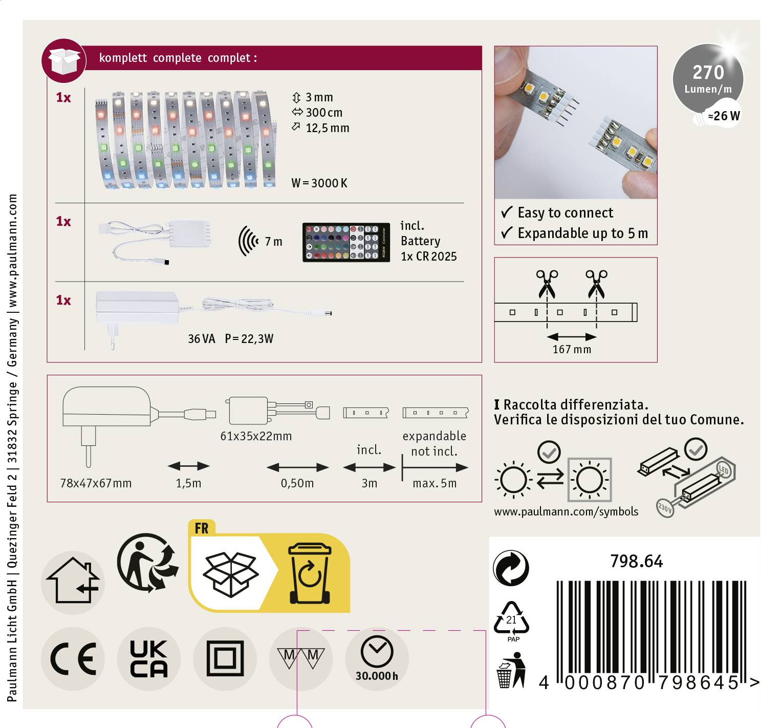 Paulmann MaxLED Basic 79864 LED-Streifen-Komplettset mit Stecker 24V 3m Warmweiß 1St.