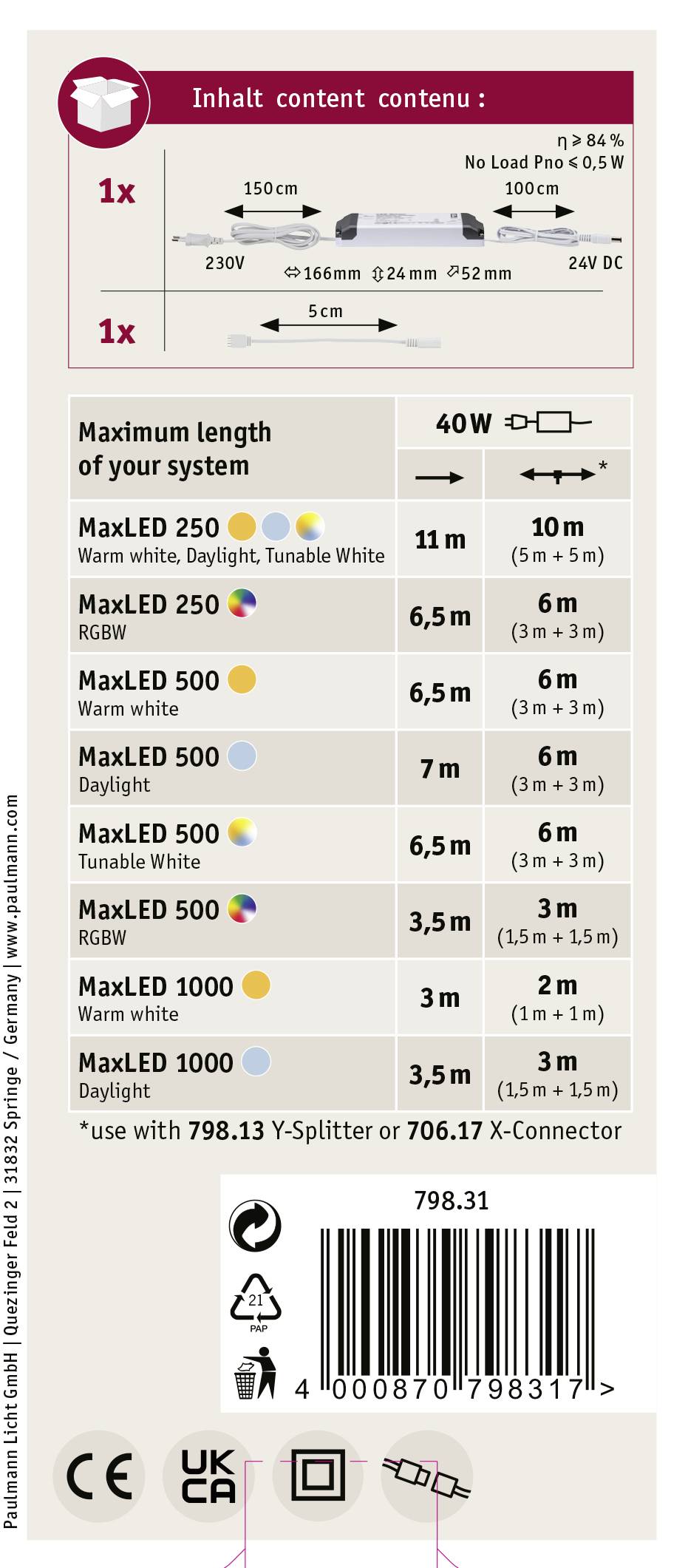 Produktverpackung für MaxLED. Enthält Kompatibilitätsinformationen, technische Daten für verschiedene LED-Modelle und Betriebsreichweite.