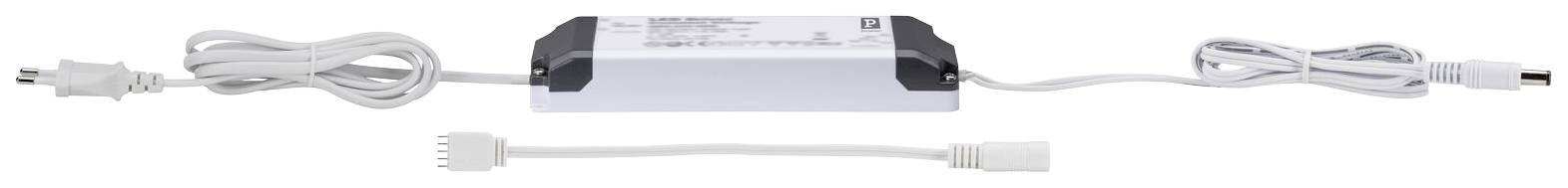 Netzteil mit weißen Kabeln und schwarzem Steckeradapter in der Mitte.
