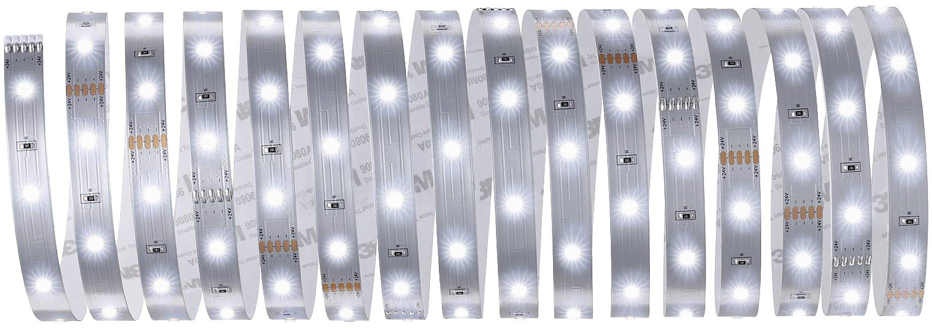 Weiße LED-Lichtstreifen in gleichmäßigen Abständen angeordnet, leuchten hell. Ideal zur Dekoration oder Beleuchtung.