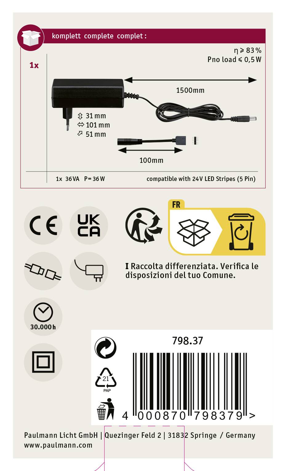 Abgebildet ist ein Netzteil mit Kabel, kompatibel mit 24V LED-Stripes. Maße: 31mm x 101mm x 51mm. Kabellänge: 1,5m.