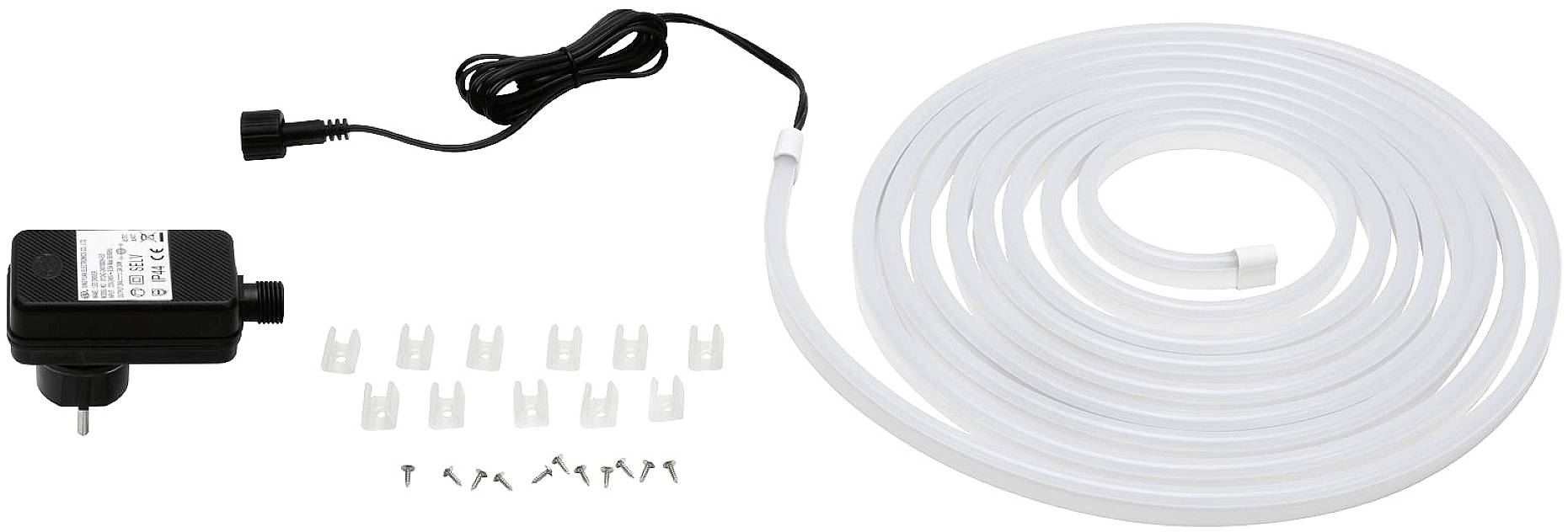 Kit für LED-Lichtstreifen, bestehend aus einem Netzteil, einem aufgerollten weißen LED-Streifen und Befestigungsmaterial.
