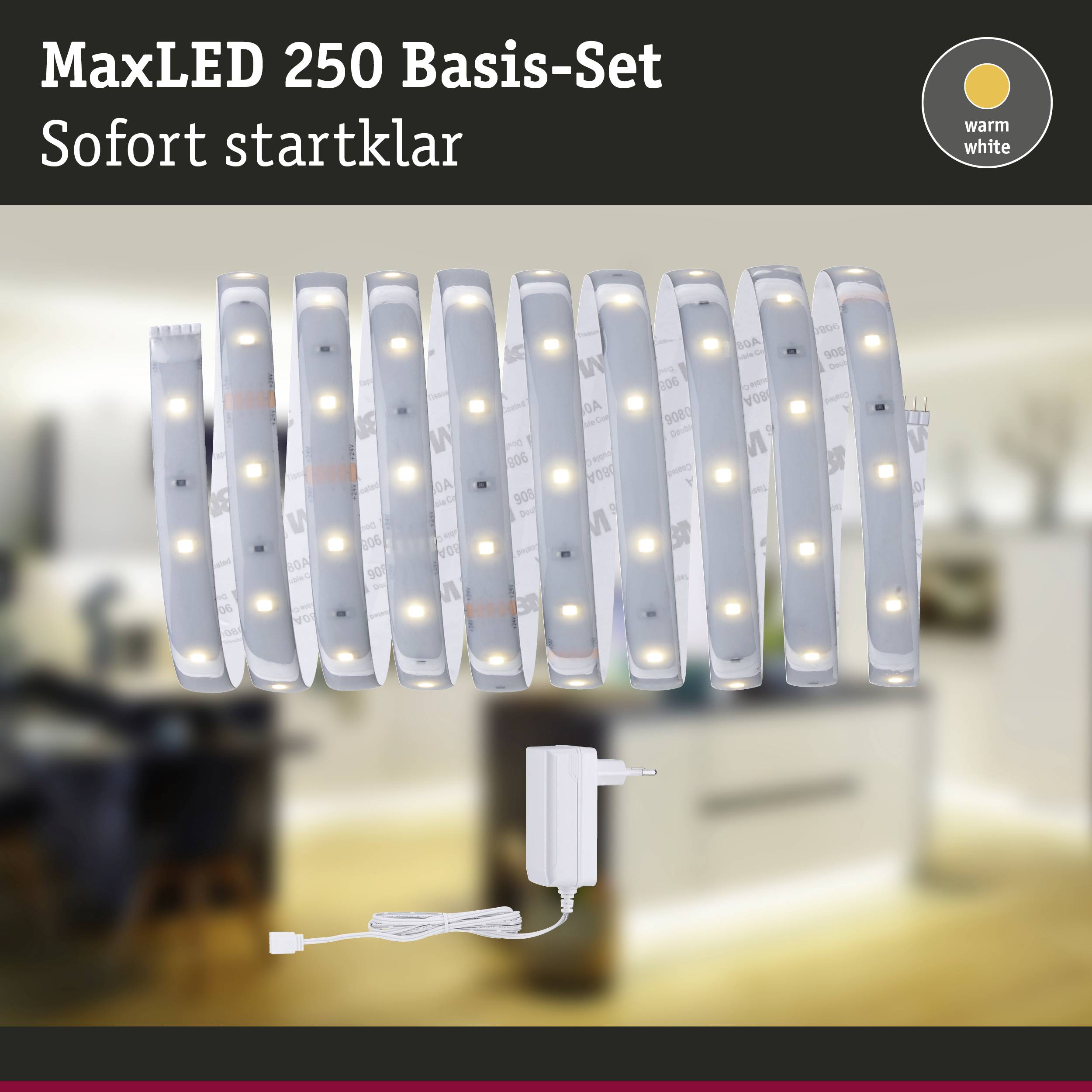'MaxLED 250 Basis-Set' zeigt LED-Streifen mit Netzteil. Text: 'Sofort startklar', 'warm white'. Hintergrund ist unscharf.