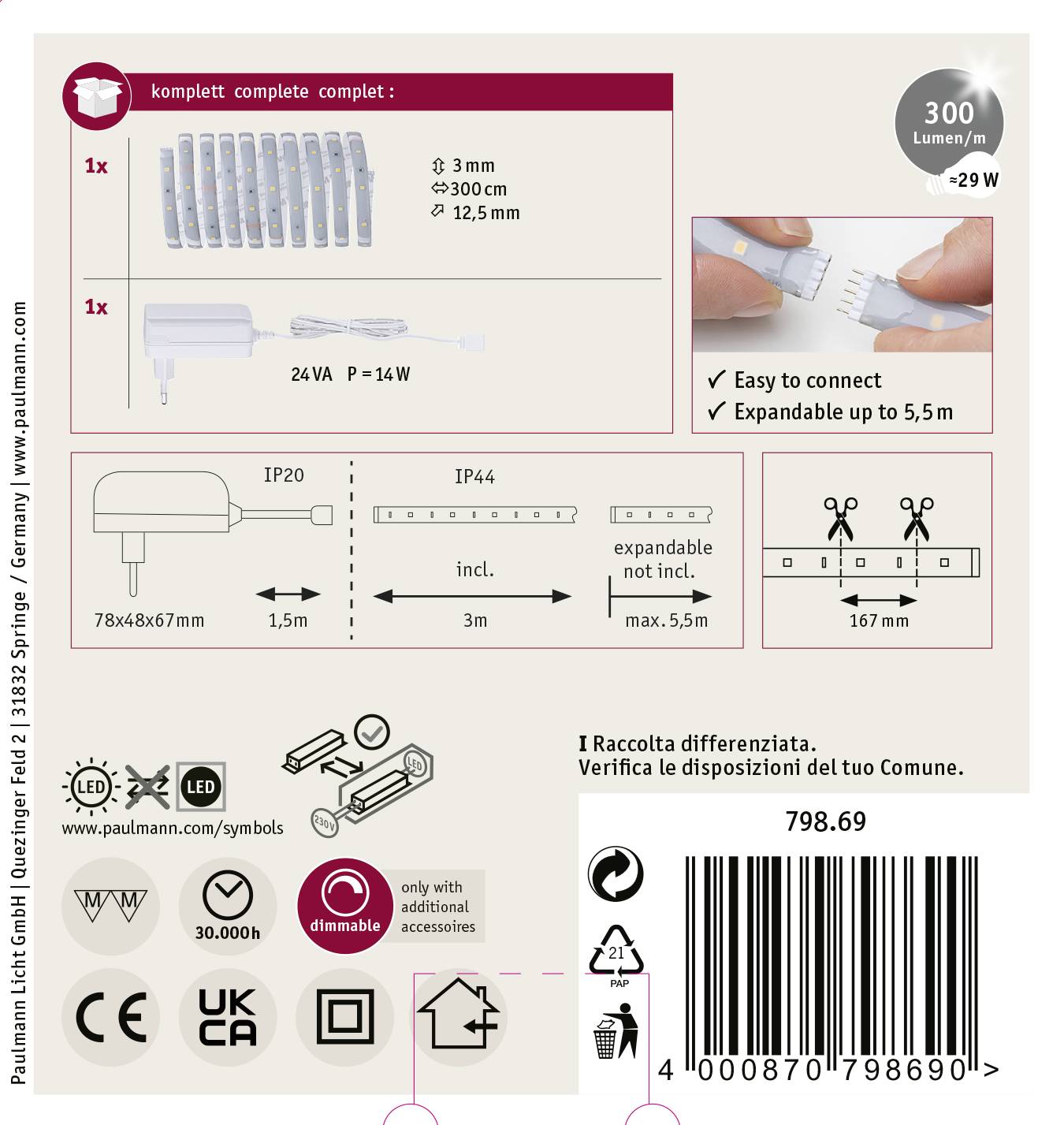 Paulmann MaxLED Basic 79869 LED-Streifen-Basisset mit Stecker 24V 3m Warmweiß 1St.