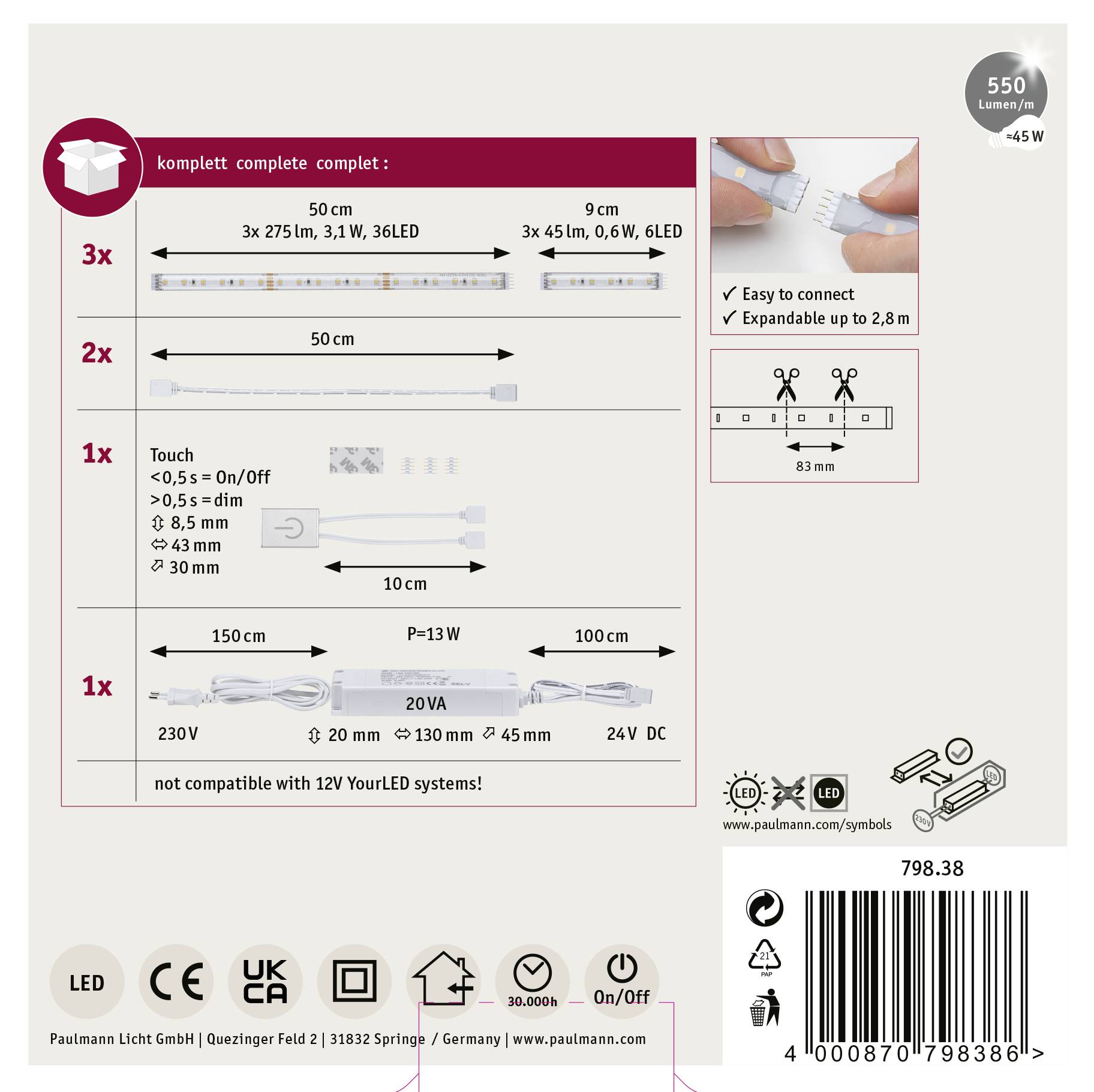 Paulmann FN MaxLED Comfort 79838 LED-Streifen-Komplettset mit offenem Kabelende 24V 1.80m Warmweiß 1St.