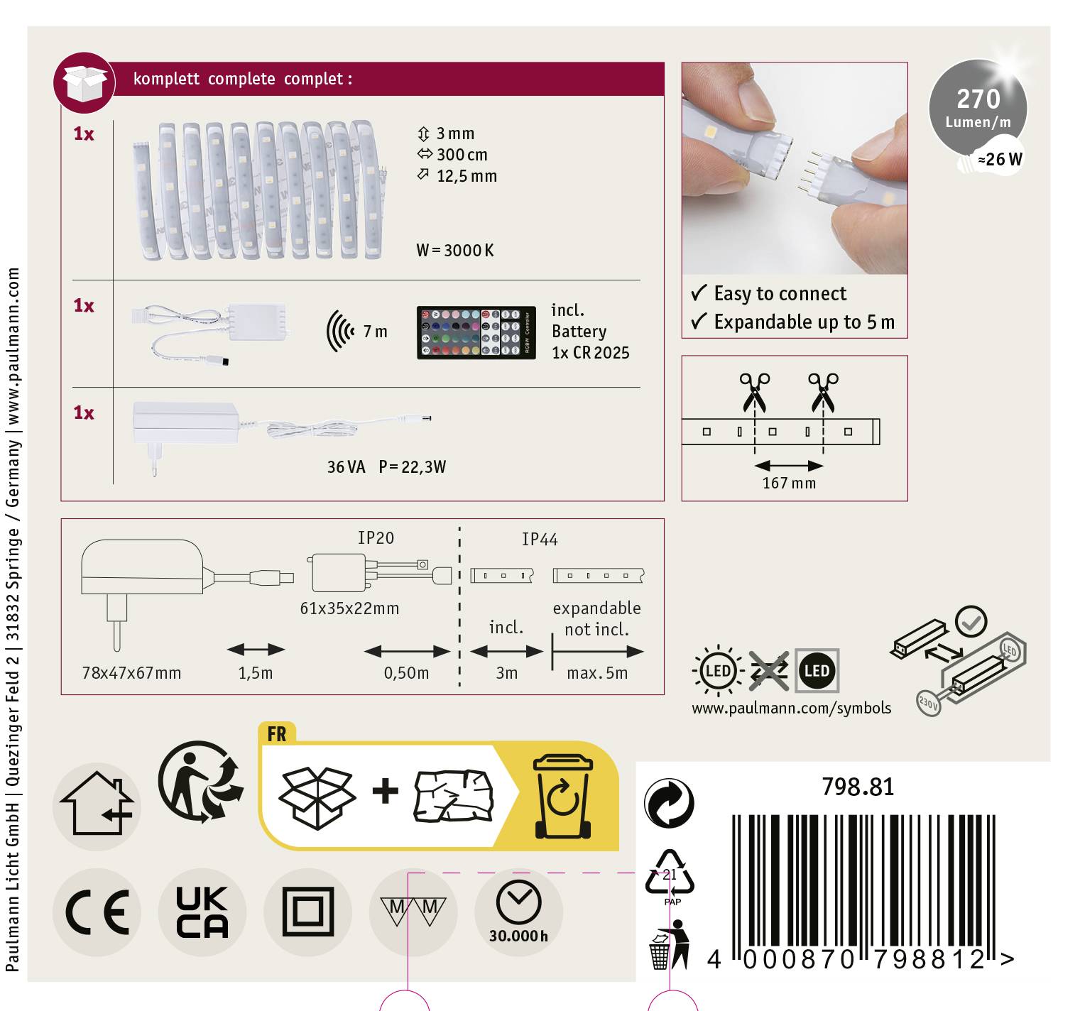 Set mit 3 Meter LED-Streifen, 270 Lumen, 7 Meter Kabel, Batterie (CR2025), 36V, Steckverbinder, Erweiterung bis 5 Meter möglich. IP20/IP44.