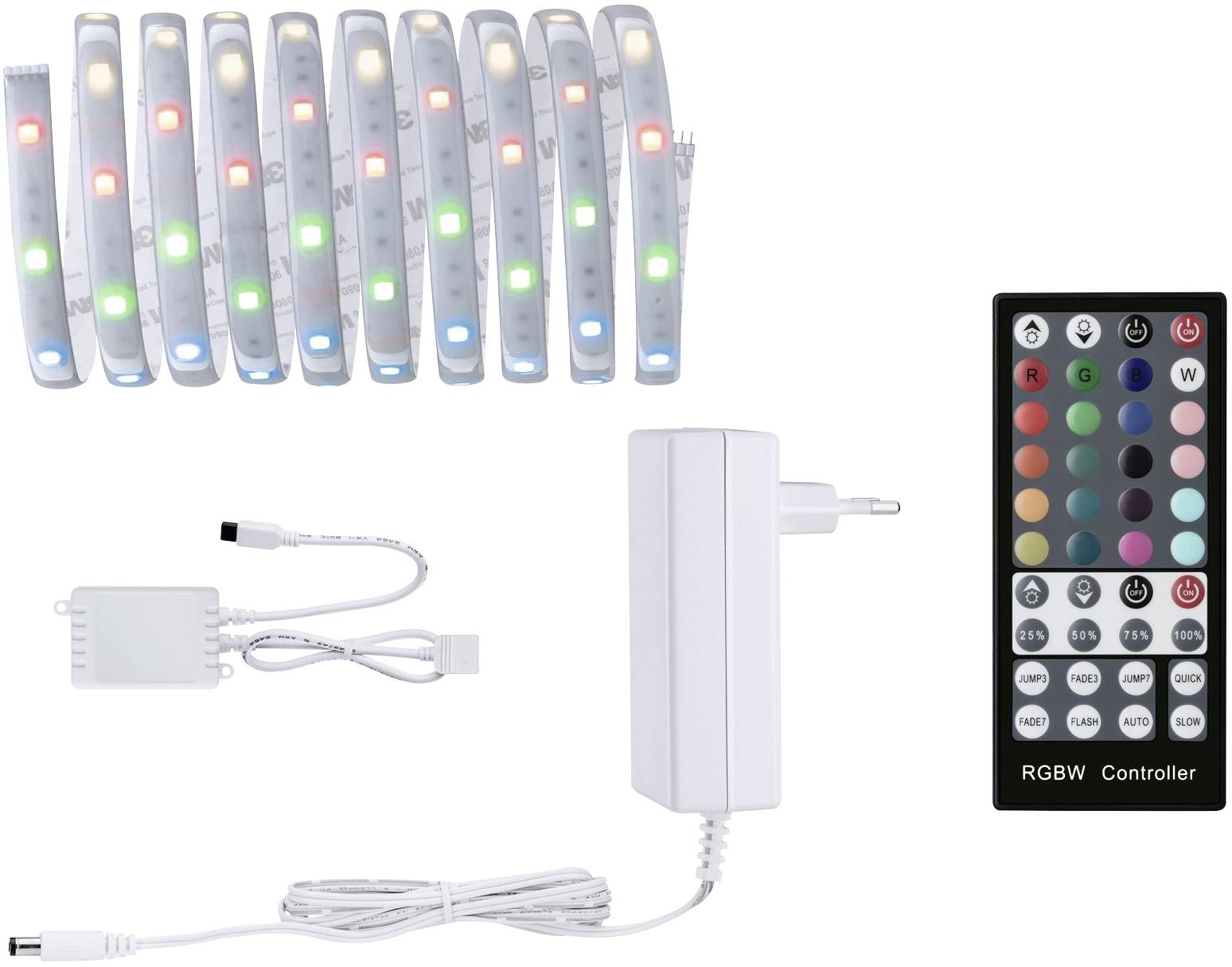 LED-Streifen mit Farbwechselfunktion, Fernbedienung und Adapter. Verschiedene Farboptionen auf Fernbedienung markiert.