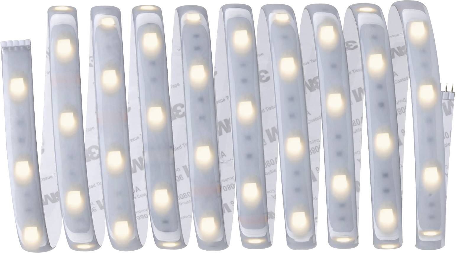 Ein flexibler LED-Streifen leuchtet in warmweißem Licht, gleichmäßig verteilt, auf einem neutralen Hintergrund ausgerollt.