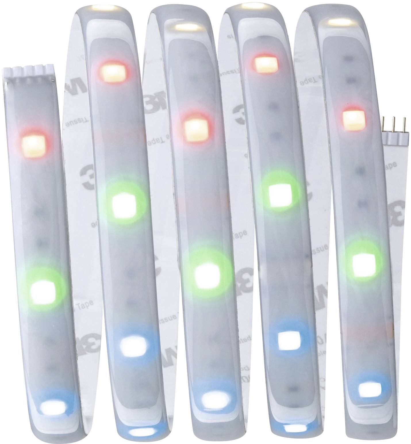 LED-Streifen mit bunten leuchtenden Dioden in Rot, Grün und Blau, gewickelt in einer vertikalen Darstellung.