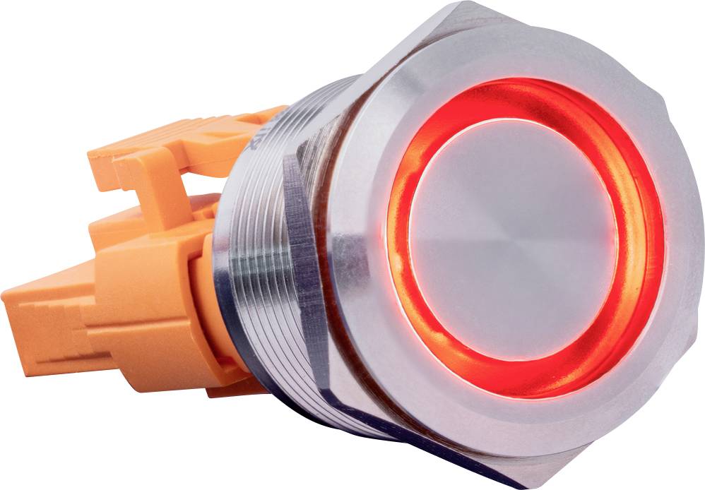 Runder, silberner Knopf mit leuchtend rotem Ring, montiert auf einem orangefarbenen Plastikhalter.