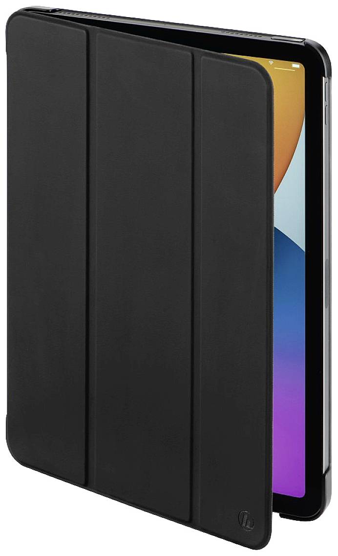 Schwarze Schutzhülle mit zusammengeklapptem Deckel, die ein Tablet bedeckt. Der Bildschirm zeigt ein abstraktes Farbdesign.