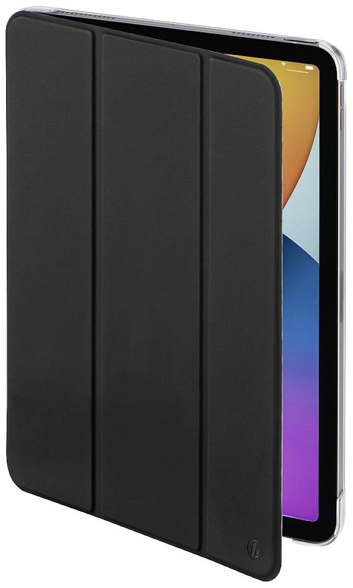 Eine schwarze Tablet-Hülle, leicht geöffnet, zeigt das Display eines Tablets mit buntem Hintergrund.