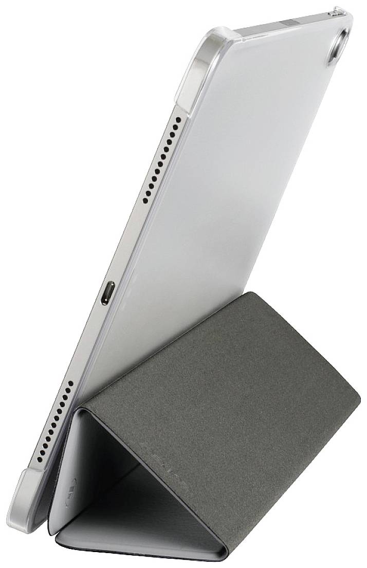 Ein Tablet in einer schwarzen Schutzhülle steht aufrecht auf einer weißen Oberfläche. Die Hülle fungiert als Ständer.