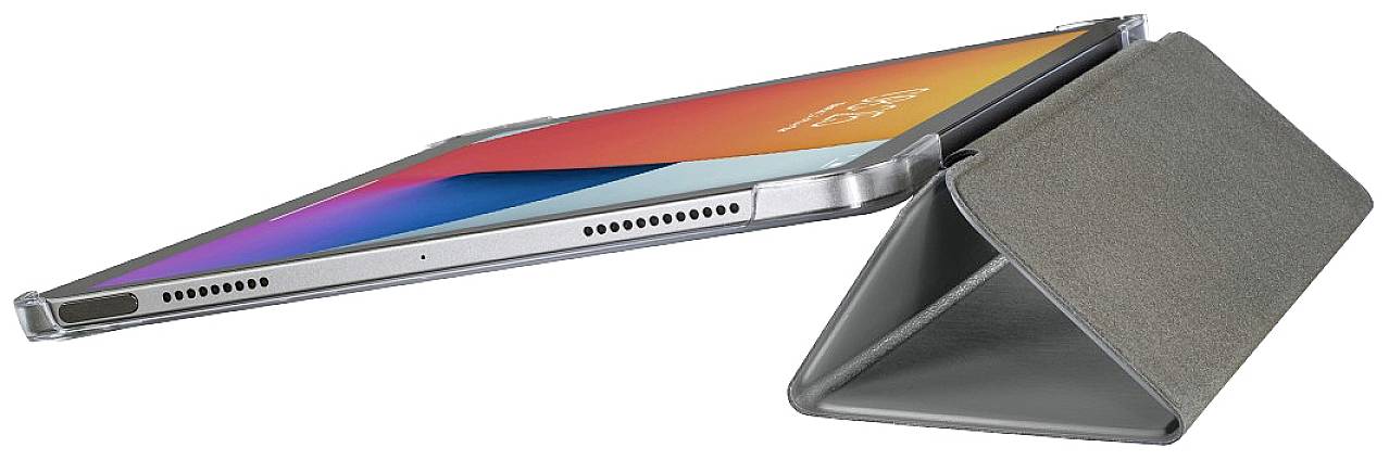 Tablet im Querformat mit aufgeklapptem Cover, das als Ständer dient. Das Display zeigt bunte, unscharfe Grafiken.