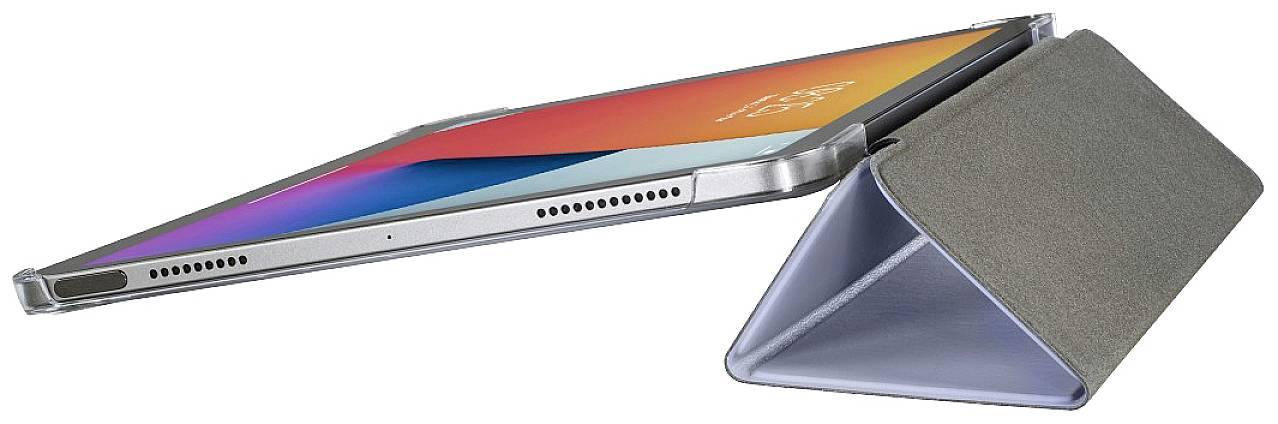 Tablet im Querformat in einer schützenden Klapphülle, die als Ständer dient. Das Display zeigt bunte Farben.