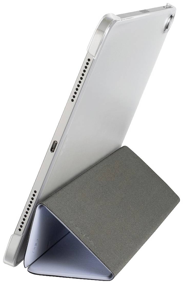 Ein Tablet steht in einem schrägen Winkel mit einem faltbaren, dreieckigen Ständer, der Stützfunktion bietet.