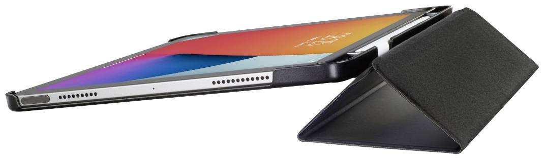 Ein Tablet in einem schwarzen, dreieckig gefalteten Schutzcover, das als Ständer dient. Der Bildschirm zeigt bunte Grafiken.