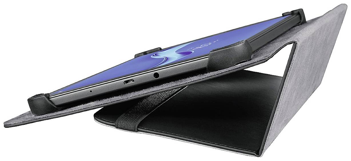 Ein Tablet ist schräg in einem schwarzen, aufklappbaren Schutzhüllenständer platziert. Bildschirm zeigt ein abstraktes blaues Design.