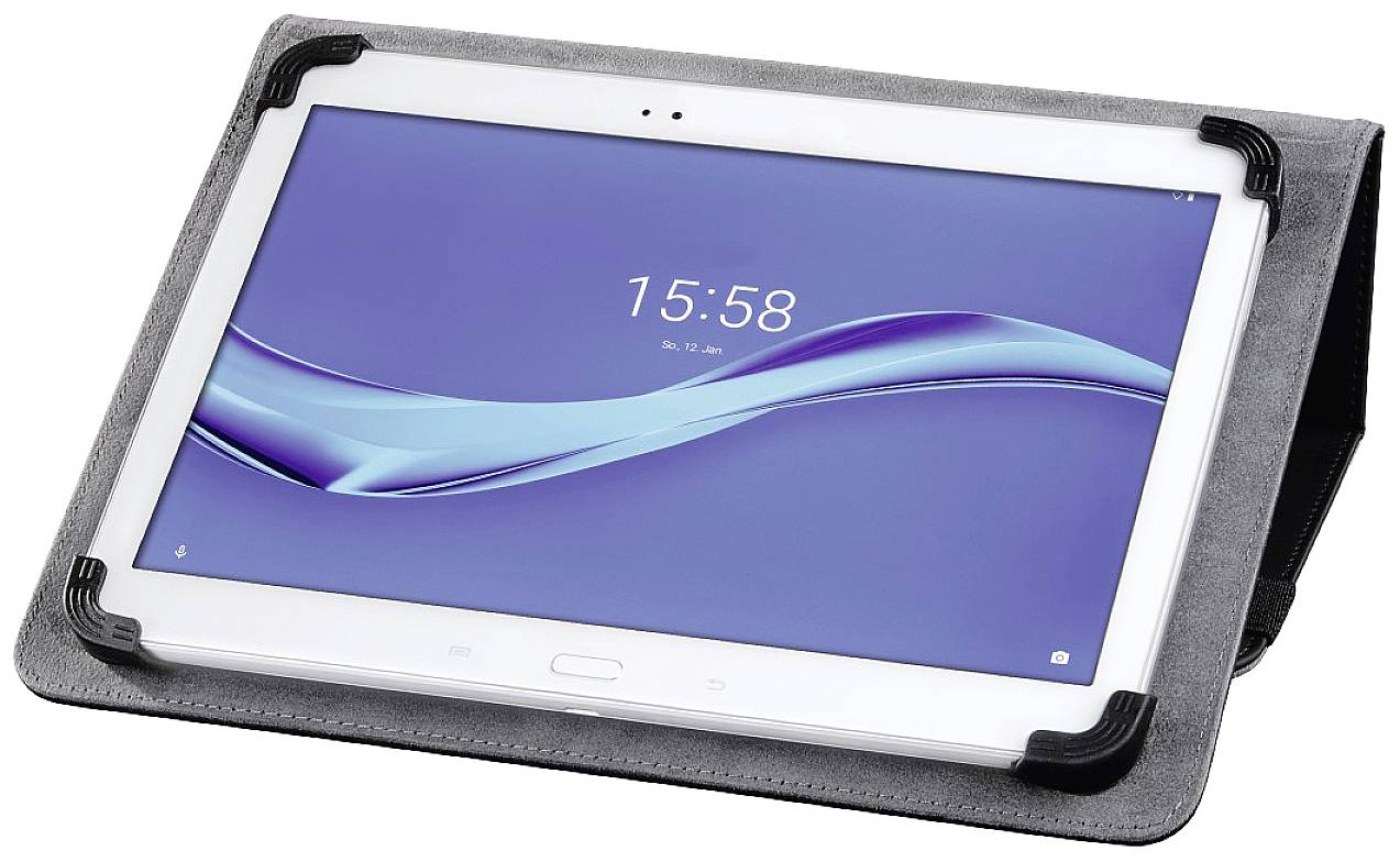 Ein Tablet in einer schwarzen Schutzhülle zeigt eine blaue Bildschirmoberfläche mit einer Uhrzeit-Anzeige: 15:58.