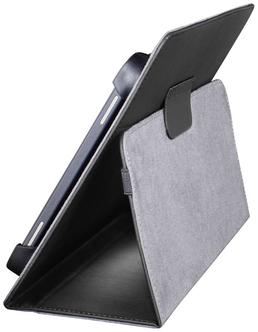 Graues Tablet-Etui in einem aufgestellten, geöffneten Zustand. Das schwarze Innenfutter und der Verschluss sind sichtbar.