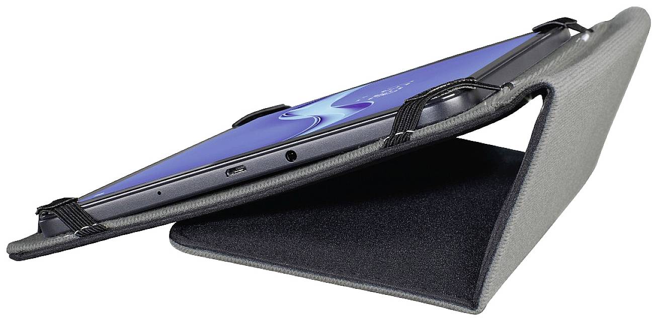 Ein Laptop, der in einer aufklappbaren Schutzhülle liegt. Die Hülle ist grau und der Bildschirm des Laptops ist teilweise sichtbar.