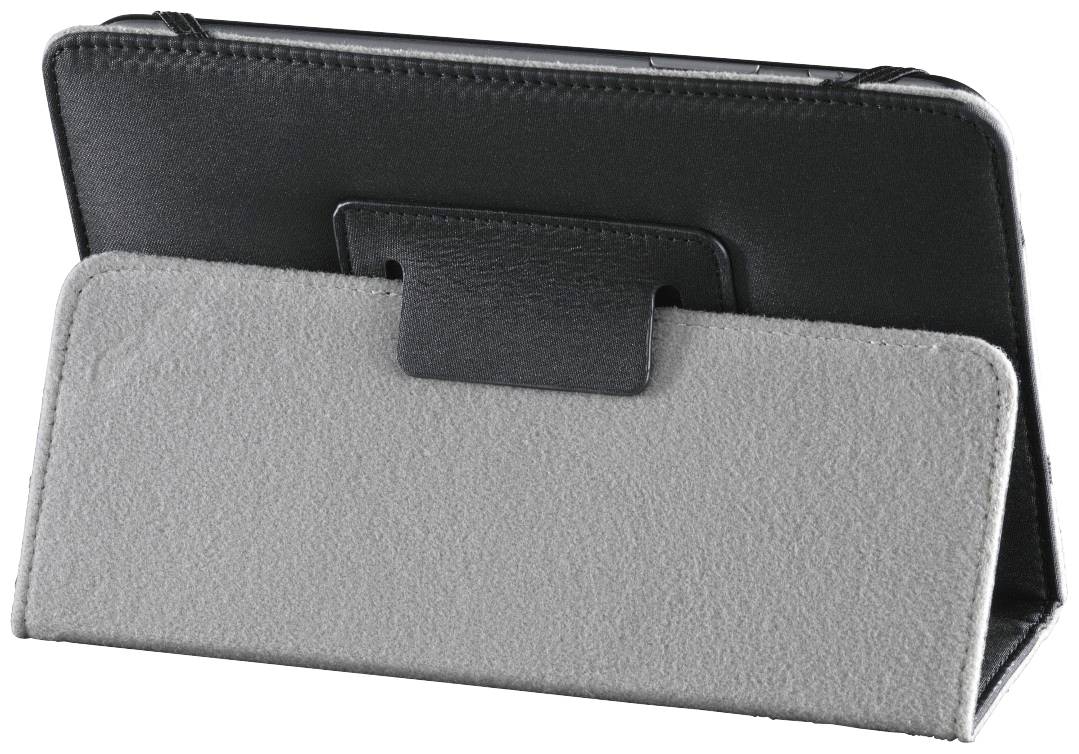 Eine graue Tablet-Hülle mit schwarzem Klappständer hält ein Tablet aufrecht.