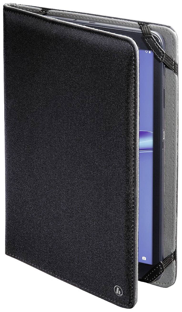 Tablet in schwarzer Hülle, teilweise geschlossen, Bildschirm zeigt blaue und violette Farben. Die Hülle hat einen dezenten Glanz.