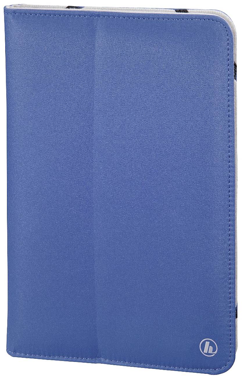 Blaue Buch- oder Tablet-Schutzhülle, geschlossen. Schlichte, einfarbige Oberfläche mit kleinem, unauffälligem Logo unten rechts.
