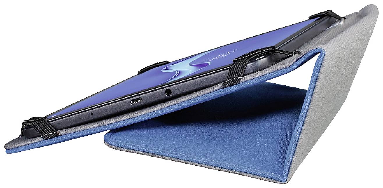 Ein Tablet in einer blauen Schutzhülle steht leicht geneigt. Es zeigt ein leuchtendes Display mit einer abstrakten blauen Grafik.