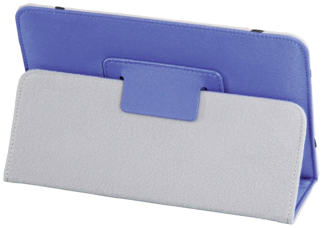 Ein blaues Tablet in einer aufrechten Hülle steht auf einem Tisch. Die Hülle ist hellgrau und bietet hintere Stütze.