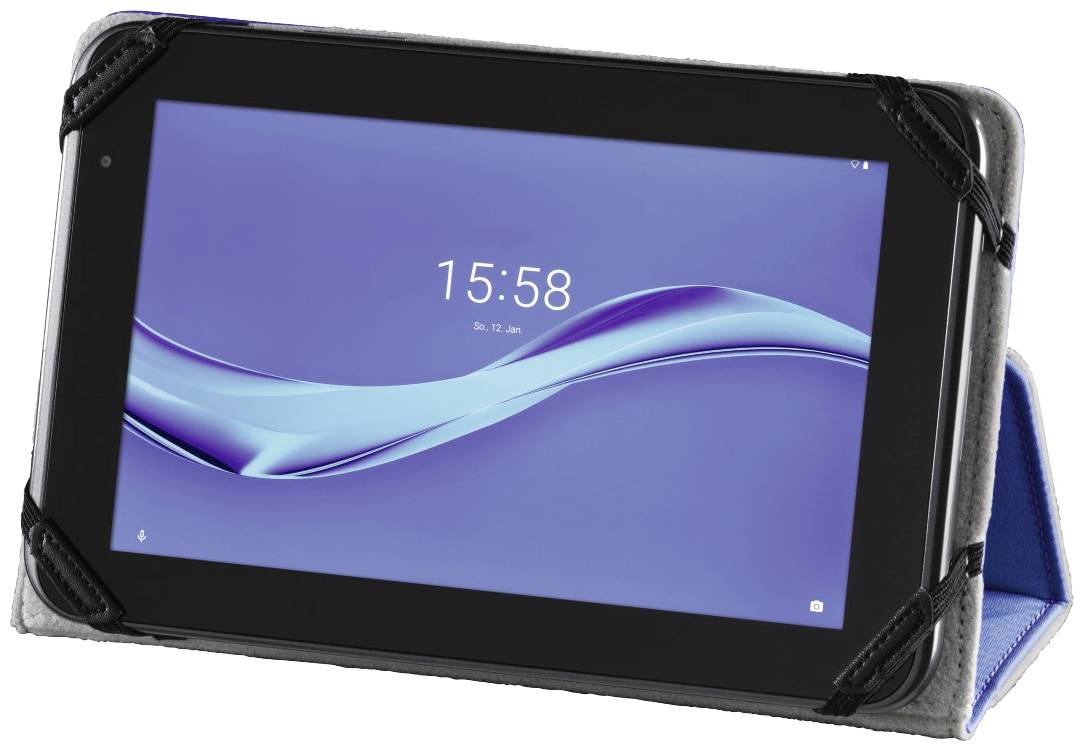 Ein Tablet-Computer zeigt die Uhrzeit 15:58 auf einem blauen Bildschirmhintergrund.