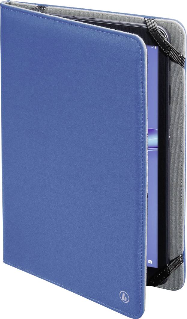 Eine blaue Tablet-Hülle aus Stoff in öffnender Position mit einem Tablet im Inneren. Die Kanten sind verstärkt und elastische Bänder halten das Tablet.