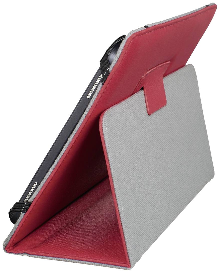 Ein rotes Tablet-Etui in aufrechter Position, grau außen, dient als Ständer für das Gerät.