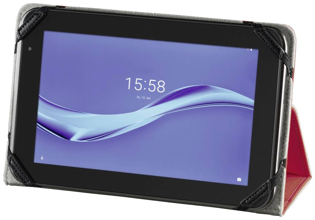 Ein Tablet mit schwarzem Rahmen zeigt die Uhrzeit 15:58 auf einem blauen Bildschirmhintergrund, umhüllt von einer schwarzen und roten Hülle.