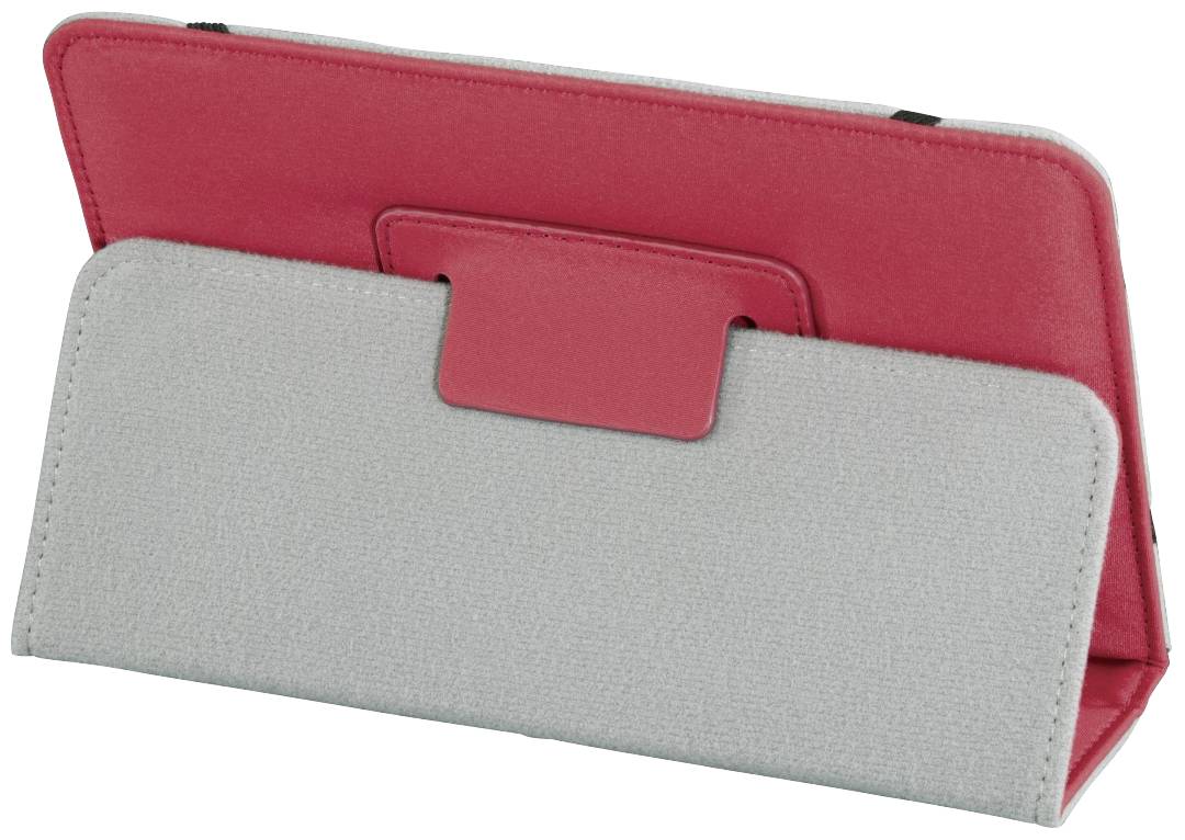 Rote Tablet-Hülle mit grauem Ständer, leicht angewinkelt, zeigt Rückseite.