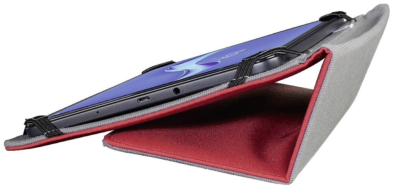 Ein blaues Tablet in einem klappbaren, rot-grauen Case, das als Ständer dient. Es wird leicht angewinkelt aufgestellt.