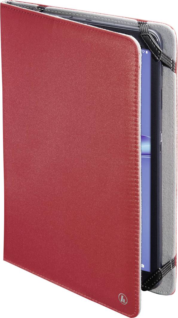 Rote Tablet-Hülle aus Leder mit Gummihalterungen, teilweise geöffnet, zeigt ein eingeschobenes Tablet-Gerät.