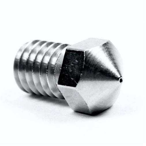 Stahl-Düse mit Gewinde und feiner Spitze, typischerweise verwendet in 3D-Druckern für präzises Filament-Extrudieren.