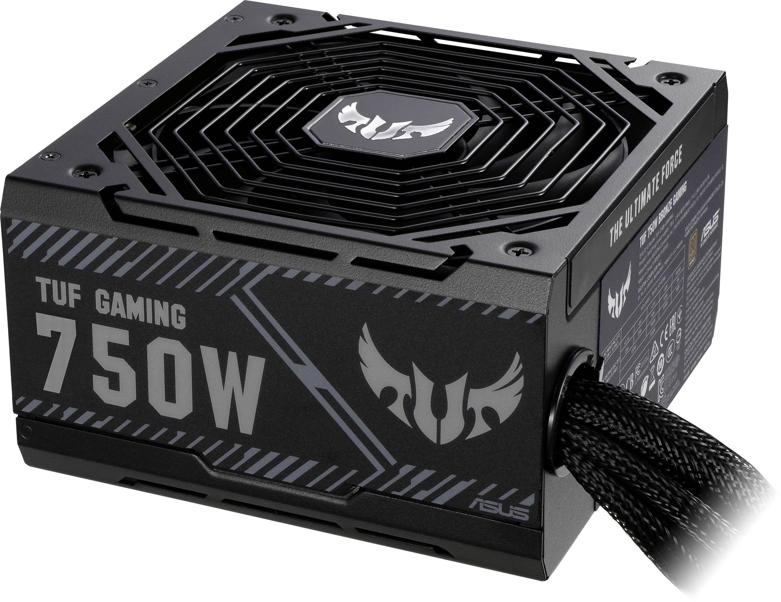 Schwarzes TUF Gaming Netzteil mit 750W Leistung. Zeigt robustes Design und Kabelausgang. Logo und Schriftzug sind sichtbar.