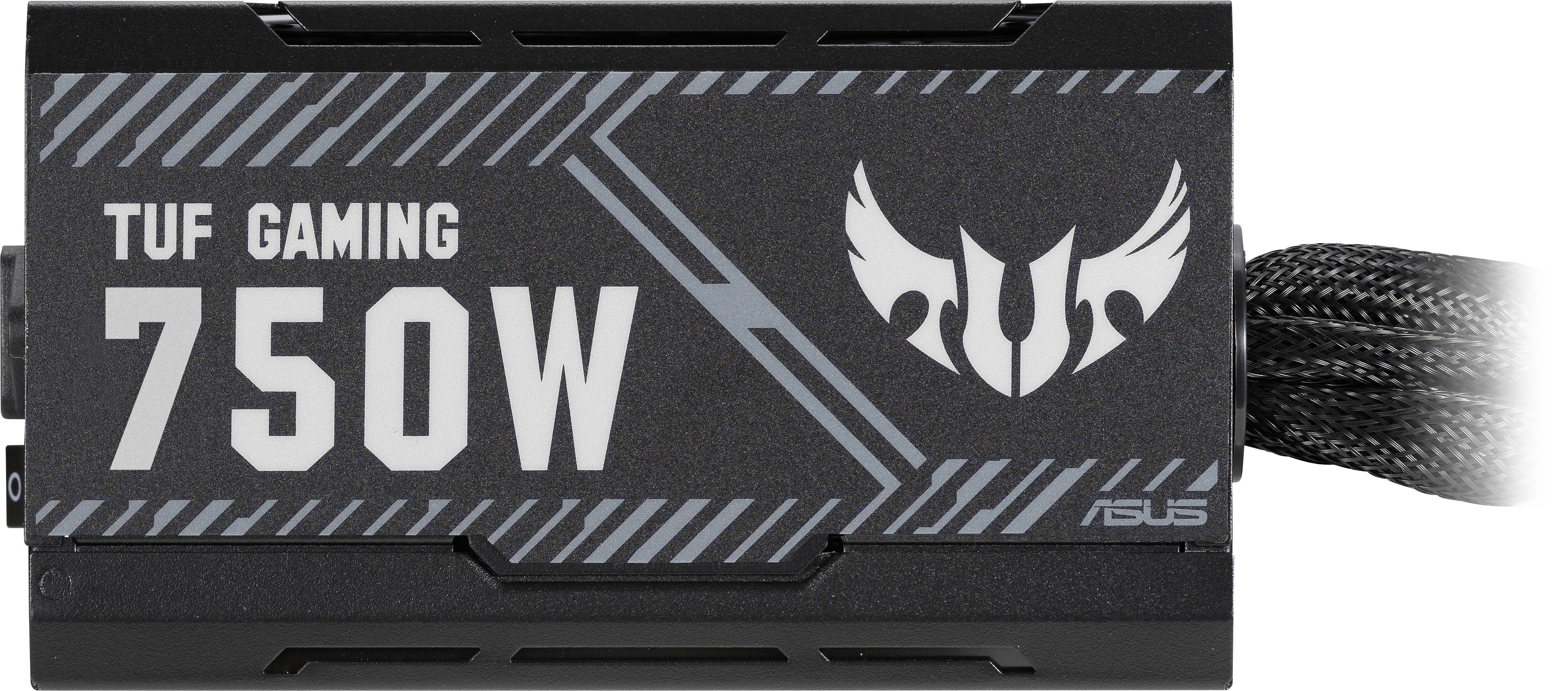 'ASUS TUF Gaming 750W' Netzteil mit schwarzem Gehäuse und markantem Logo. Enthält gesleevte Kabel für einen schönen Kabelmanagement.