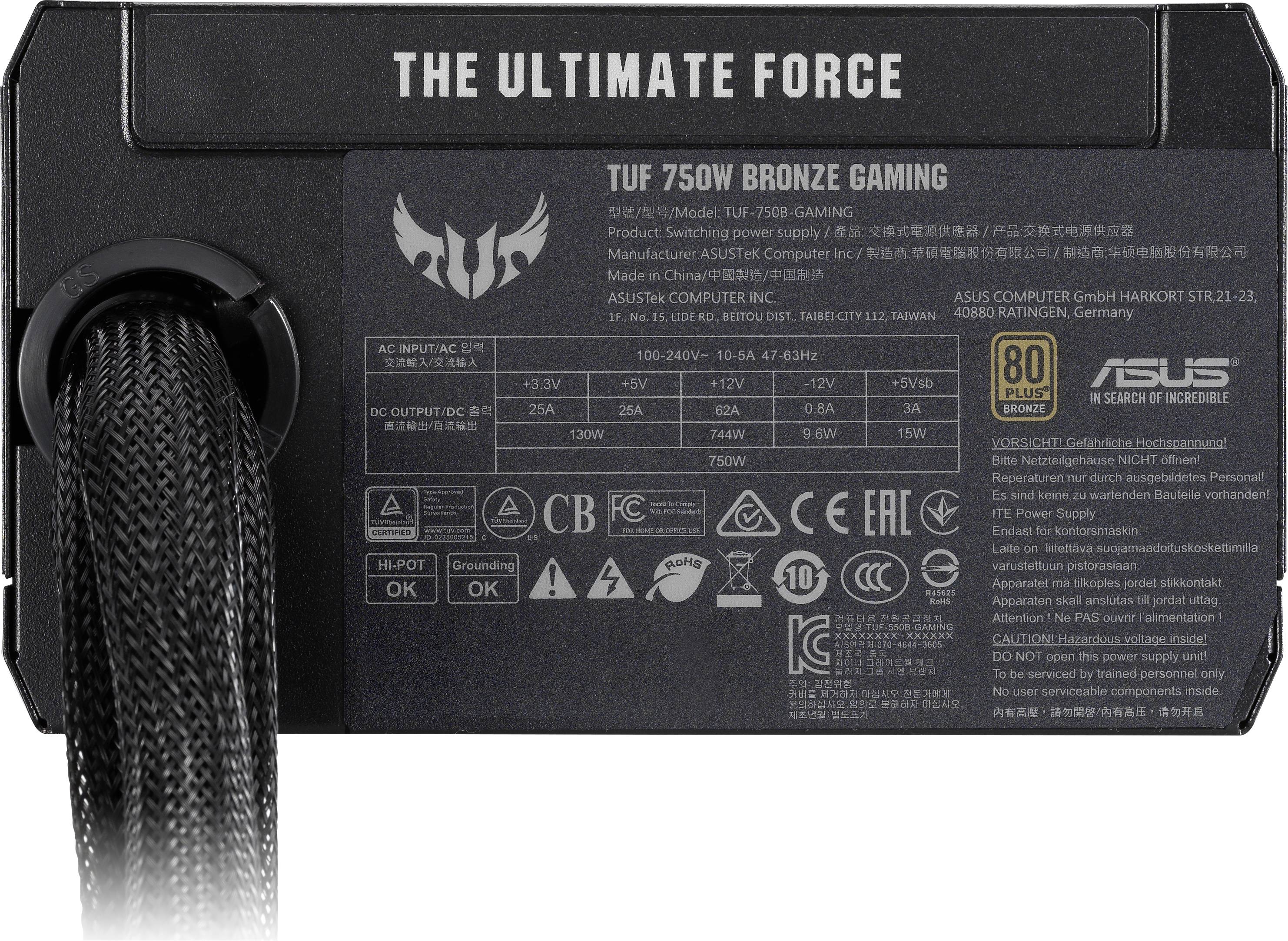 Netzteil für Gaming-PC, Modell TUF 750W Bronze Gaming. Es zeigt Spezifikationen und internationalen Zulassungszeichen auf schwarzem Gehäuse.